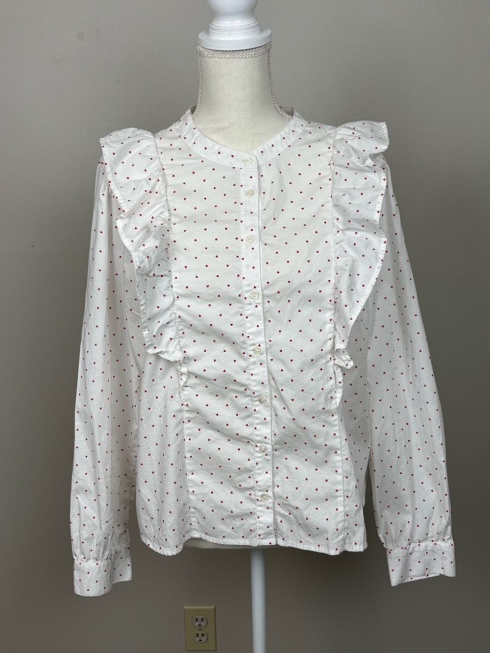 J Crew Factory Top Women Large White Red Cotton Poplin Ruffle Heart Print Blouse